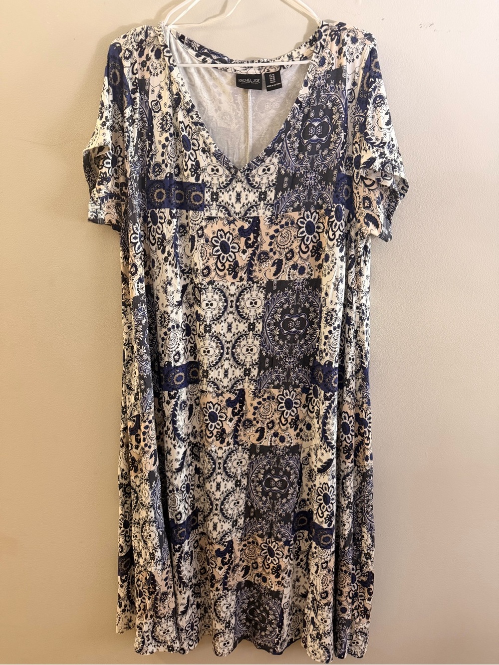 Rachel Zoe Navy Blue and Cream Patchwork Midi Dress